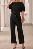 1 x RAW Customer Returns Sweezarmo Women s Elegant Half Sleeve Lantern Sleeve Jumpsuit With Belt Wide Leg Pants Jumpsuit L Large Black - RRP €48.4