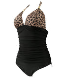 1 x RAW Customer Returns RXRXCOCO Swimsuit Women Ruffles Tummy Control V Neck Push Up Shape Swimwear Halter One Piece Backless Swimsuit Leopard Black XXL - RRP €41.99