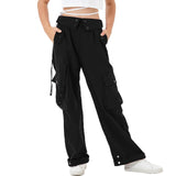 1 x RAW Customer Returns Rolanko Baggy Cargo Pants for Girls, Elastic Waist with Multiple Pockets Wide Leg Cargo Pants for Kids, Black, Size 160 11-12 Years - RRP €34.99