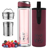 1 x RAW Customer Returns ecooe tea bottle with strainer 440ml wine red double-walled tea mug to go bottle drinking bottle with 18 8 stainless steel strainer and protective bag tea glass bottle for tea coffee juice milkshake - RRP €19.99