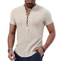 1 x RAW Customer Returns Puimentiua Men s Linen Shirt Short Sleeve Lightweight Summer Leisure Beach Shirt Summer Henley Stand Collar Button Up Light Khaki, L - RRP €24.0