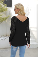 1 x RAW Customer Returns Homlan Women s Striped Shirt Long Sleeve V Neck Mesh Top Loose Blouse Elegant T-Shirt Casual Tunic Tops X-Large, Black  - RRP €27.99