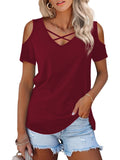 1 x RAW Customer Returns Florboom Women s V-Neck Criss Cross Cold Shoulder Top, Wine Red C, M - RRP €24.0