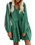 1 x RAW Customer Returns FANCYINN Summer Dress Women Short Tunic Dress V-Neck Flounce Loose Swing Mini Dresses Dark Green Long Sleeve L - RRP €32.99