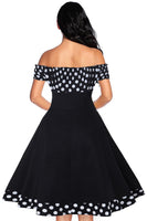 1 x RAW Customer Returns AXOE women s off-the-shoulder dress 50s cocktail dress with short sleeves knee-length black and white dotted size 38, M - RRP €36.29