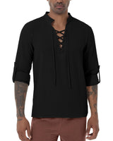 1 x RAW Customer Returns YAOHUOLE Linen Shirt Men Long Sleeve Men Long Sleeve Comfortable Lace Up Pirate Shirts Black 3XL - RRP €25.19