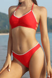 1 x Brand New SHEKINI Women s Two Piece Swimsuits Chic Low Collar Halter Adjustable Bikini Top Women s 2 Piece Bikini with Elegant Triangle Bikini Bottom XL,Red K  - RRP €32.99