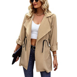 1 x RAW Customer Returns Women s Autumn Winter Trench Coat Classic Drawstring Lapel Turn-Down Button Loose Solid Color Coat M-Khaki  - RRP €44.62