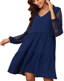 1 x RAW Customer Returns Women s Lace Lantern Long Sleeve Swing Dress with Pockets V-Neck A-Line Casual Dress Elegant Dresses Women s Festive Ball Gown Summer Dress XXL, Dark Blue  - RRP €25.1