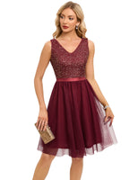 1 x RAW Customer Returns Meetjen Ball Gowns Short Women Evening Dresses Tulle Sequin Dress V-Neck Cocktail Dress A Line Formal Dress Burgundy M - RRP €55.45