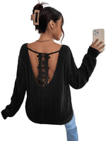 1 x RAW Customer Returns GORGLITTER Women s Long Sleeve V Neck Sexy Top with Lace Backless Shirt Knitted Top Elegant Blouse Top Black L - RRP €29.23