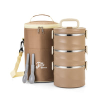 1 x RAW Customer Returns Lille Home Stackable Stainless Steel Thermal Compartment Lunch Snack Box, 3 Tier Insulated Bento Food Container with Lunch Bag, 2.6L Brown  - RRP €40.24