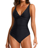 1 x RAW Customer Returns Smismivo Women s One Piece Swimsuit with V Neck Tummy Control Push up One Piece Swimsuit with Padded Elegant Curvy Women s Swimwear Summer Beach Black Beachwear - RRP €34.99