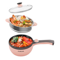 1 x RAW Customer Returns Audecook Cooking Pot Electric Mini Hot Pot, Pot Non-Stick Frying Pan Electric Pan with Glass Lid, Multifunctional Hot Pot, Suitable for Home, Travel and Camping - Pink - RRP €58.25