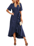 1 x RAW Customer Returns Beluring Women s Dresses Summer Short Sleeve V Neck Maxi Dresses Solid Color Ruffle Dress Navy Blue M - RRP €40.92