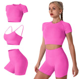 1 x RAW Customer Returns IMEKIS Women s 3-Piece Fitness Set Sports Bra with Crop Top and Shorts Seamless Yoga Clothing Fitness Workout Outfit Women Slim Fit Summer Biker Activewear Running Suit Rose M - RRP €39.11