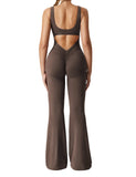 1 x RAW Customer Returns ZAAYO Women Flared Jumpsuit Tight Scrunch Butt Overalls Long Sleeveless Sports Backless Jumpsuit Yoga Bodycon One Piece Full Body Suit Stretch Elegant Jumpsuits Coffee Small - RRP €40.33