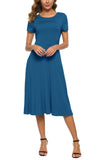 1 x RAW Customer Returns EXCHIC Women s Casual Round Neck A-Line Short Sleeve Midi Dress Summer Stretchy Knee Length Casual Dresses M, Steel Blue  - RRP €32.88