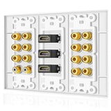 11 x Brand New TNP Home Theater Wall Plate - 3-Gang 7.2 Surround Sound Distribution with Premium Gold Plated Copper Banana Binding Plugs for 7 Speakers, 2 RCA Jacks for Subwoofer, 3 HDMI Ports for UHD 4K - RRP €432.41