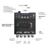 1 x RAW Customer Returns RUIZHI 2x50W 100W 2.1 channel subwoofer amplifier board with Bluetooth treble and bass control, two TPA3116 chips, DC 12-24V, Bluetooth and AUX inputs, AMP board for wireless DIY speakers - RRP €34.19