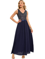 1 x RAW Customer Returns Meetjen Women s Sequin Dresses Floor Length Cocktail Dress V-Neck Evening Dress Sleeveless Bridesmaid Dress Swing Sleeveless Prom Wedding Guest Ball Gown Navy S - RRP €67.55