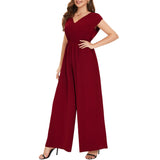 1 x RAW Customer Returns Tanmolo Women s Jumpsuit Elegant Summer Sleeveless V-Neck Overall Wide Leg Romper With Pockets Wine Red, 2XL  - RRP €48.85