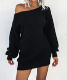 1 x RAW Customer Returns Acramy Women s Off Shoulder Pullover Dress Long Sleeve Knitted Dress One Shoulder Pullover Knitted Jumper Autumn Winter L, Black  - RRP €36.29