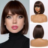 3 x Brand New Dark Brown Short Wig with Bangs 12 Inch Bob Shoulder Length Heat Resistant Straight Synthetic Hair Wig for Women Multiple Scenes - RRP €74.94