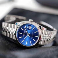 1 x RAW Customer Returns CADISEN Men s Automatic Watch Elegant Casual Mechanical Men s Watch with Sapphire Glass and Calendar Stainless Steel Strap Waterproof Watch Blue  - RRP €112.13