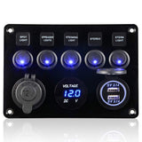 1 x RAW Customer Returns 5 Gang Switch Panel, 12V 24V Toggle Switch Panel IP65 Waterproof LED Voltmeter Dual USB Socket Charger for Car Boat Marine RV Truck Camper Vehicles Blue  - RRP €26.53