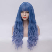 1 x RAW Customer Returns Wig Blue Women s Long Curly Wigs with Bangs and Wig Net for Women Girls Super Natural Full Synthetic Synthetic Hair Wig 001L - RRP €24.19