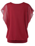 1 x RAW Customer Returns BAISHENGGT Women s Pleated Short Sleeve Tunic Batwing Round Collar Blouse Wine Red X-Large - RRP €32.77