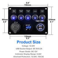 1 x RAW Customer Returns 5 Gang Switch Panel, 12V 24V Toggle Switch Panel IP65 Waterproof LED Voltmeter Dual USB Socket Charger for Car Boat Marine RV Truck Camper Vehicles Blue  - RRP €26.53