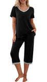 1 x RAW Customer Returns PrinStory Women s Pajamas 2 Piece Pajamas Set Short Sleeve V-Neck Nightwear House Suit Leisure Suit Black, M  - RRP €26.21