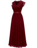 1 x RAW Customer Returns Dressystar Women s Long Ball Gown Lace Chiffon V Neck Maxi Long Evening Dress Elegant for Wedding Cocktail Dress Dark Red S - RRP €64.99