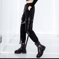 1 x RAW Customer Returns MEINVQIAOTI Black Cargo Pants for Women Techwear Loose Women Street Rock Style Casual Black Pants with Chain Goth Trousers Black,L  - RRP €37.3