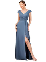 1 x Brand New Ever-Pretty Women s Long Slit V-neck Cap Sleeve A Line Chic Bridesmaid Dress Denim Blue 38 - RRP €56.99