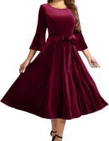 1 x RAW Customer Returns Homrain Women s 50s Dresses Midi Round Neck Formal Dress Vintage Wedding Dress with Belt Burgundy L - RRP €52.99