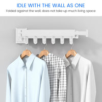 1 x RAW Customer Returns Retractable wall-mounted clothes rack, foldable wall-mounted clothes rail, clothes rack with towel holder, foldable coat hook, strong load-bearing capacity for balcony, bedroom, three fold white  - RRP €37.99