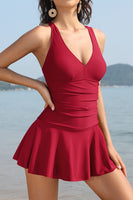 1 x RAW Customer Returns SHEKINI Women s One-Piece Swimsuit Bathing Dress Backless V-Neck Bathing Skirt Ruched Tummy Control Tankini Women s Beach Swimsuit Swimming Skirt Large Size M, Wine Red  - RRP €41.59