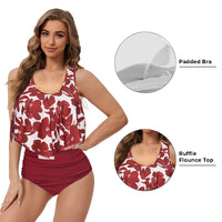 7 x Brand New Summer Mae Women s Flounced High Waist Bikini Set Printed Swimsuit Wine Red S - RRP €246.96