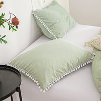 1 x Brand New Pom Pom Duvet Cover Set, Plain Farmhouse Bedding Set with White Fringe Ball, Ultra Soft and Breathable Washed Microfiber Duvet Cover - 3 Pieces Green, 135x200cm 50x75cm 1  - RRP €25.4