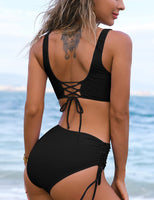 1 x RAW Customer Returns heekpek Women s Bikini Set Swimsuit Two Piece V-Neck Cross Back Lace-Up Bikini Top and Side Drawstring Swim Trunks Bikini Set Swimwear Sexy, Black, M - RRP €36.99