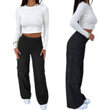 1 x RAW Customer Returns Nuofengkudu Cargo Wide Leg Pants Women Elastic High Waist with Pockets Bootcut Palazzo Long Work Flared Trousers Comfortable Leggins Sports Casual Classic Pants Black L - RRP €29.23