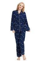 1 x RAW Customer Returns GLOBAL pajamas women s flannel Cotton Women s Pajama Set Two-piece sleepwear women s pjs set long Front button placket and drawstring Blue Star L - RRP €30.24