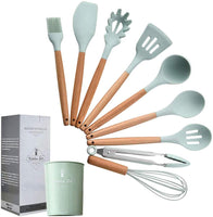 1 x RAW Customer Returns Silicone Cooking Utensil Set 9 Pieces Natural Wooden Handles Cooking Tool Turner Tongs Spatula Spoon for Non-Stick Cookware Mint Green - RRP €26.16