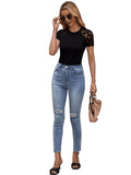 1 x RAW Customer Returns GORGLITTER Elegant T Shirt Women Short Sleeve Summer Lace Shirt Solid Color Classic Tops Office Casual Top Round Neck Black M - RRP €25.99