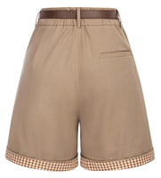 1 x Brand New Belle Poque Women s High Waist Casual Wide Leg Stretch Shorts with Belt and Pockets, Khaki-Plaid, S - RRP €21.6