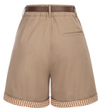 1 x RAW Customer Returns Belle Poque Women s Casual Shorts High Waist Elastic Waistband with Belt Party Leisure Office Khaki Brown S - RRP €29.65