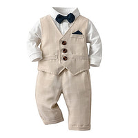 1 x RAW Customer Returns Volunboy Elegant Child Suit Shirts Bow Tie Vest Trousers, Boy Clothing 4 Pieces Gentleman Wedding Ceremony 12-18 months, Khaki Plaid, Size 80  - RRP €34.46